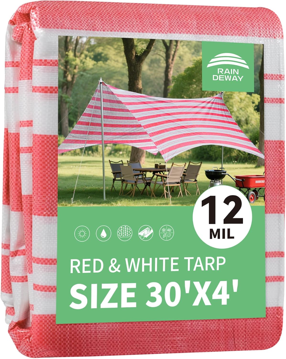 RAINDEWAY Tarps 4x30 Feet,12 Mil Sunshade Striped Tarp Waterproof,Multipurpose Poly Tarp Cover with Grommets and Reinforced Edges,Red/White Tarps