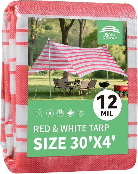 RAINDEWAY Tarps 4x30 Feet,12 Mil Sunshade Striped Tarp Waterproof,Multipurpose Poly Tarp Cover with Grommets and Reinforced Edges,Red/White Tarps