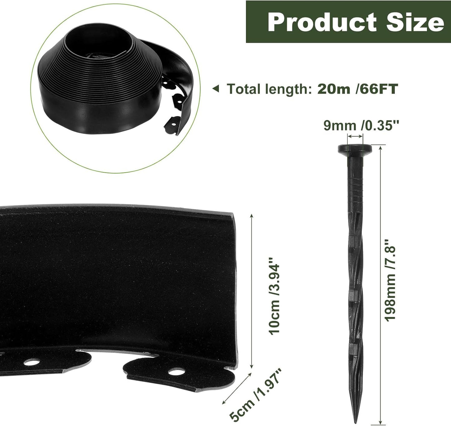 uxcell Landscape Edging, 1Pcs 66FT x 3.94" - No Dig Garden Edging Kit with 60 Stakes, Landscape Edging Border for Garden Lawn Flower Bed Yard Grass (Black)