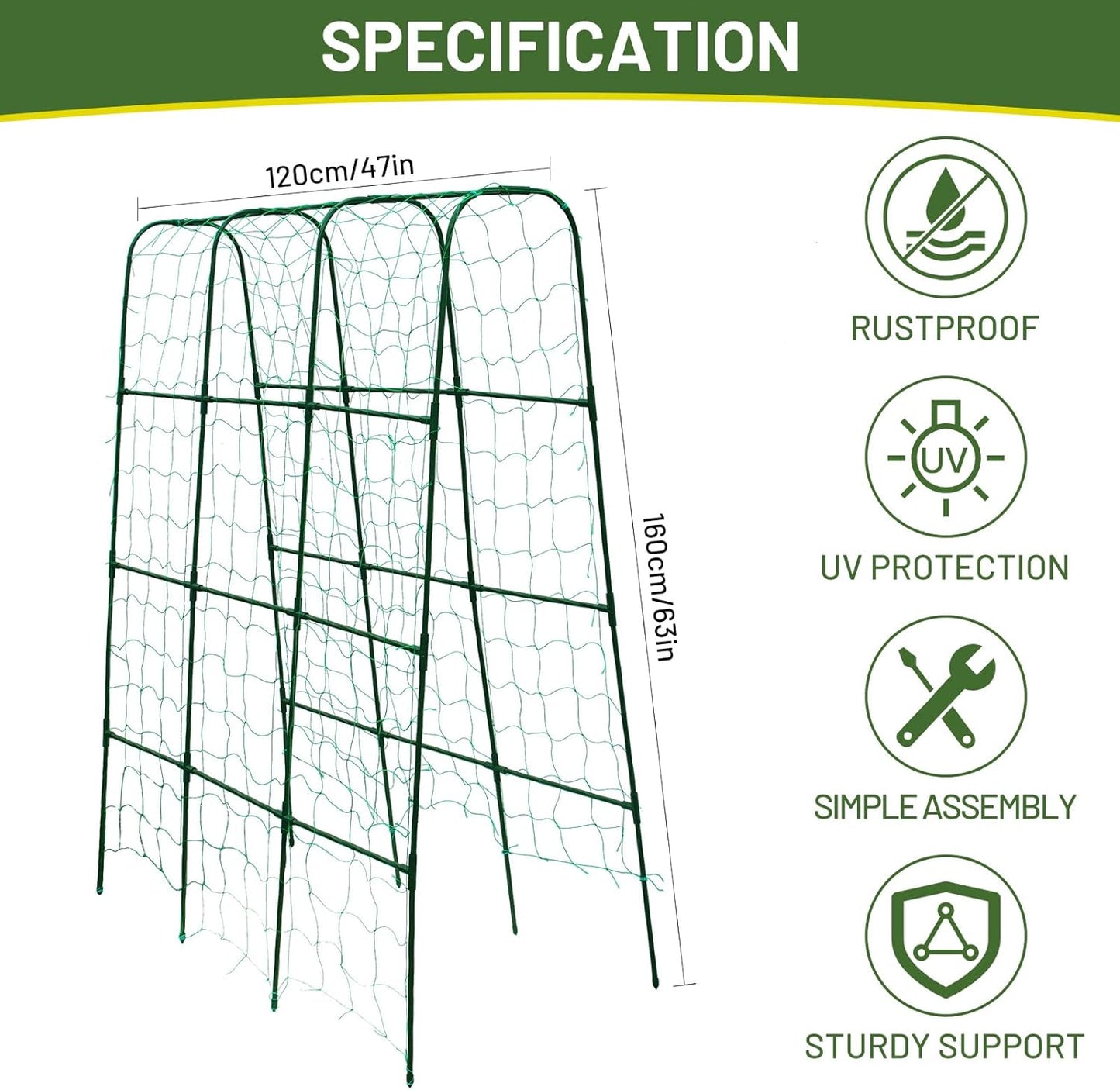 Large U-Shaped Garden Trellis for Tomatoes, Squash & Heavy Vines - Rust-Resistant, Powder-Coated Steel, Perfect for Outdoor Gardens & Vertical Planting(47" W x 63" H)