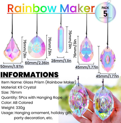 5Pcs 3-inch Crystal Sun Catcher Prisms for Windows Garden Patio,AB Colored Hanging Suncatchers with Glass Prism Rainbow Maker Ideal