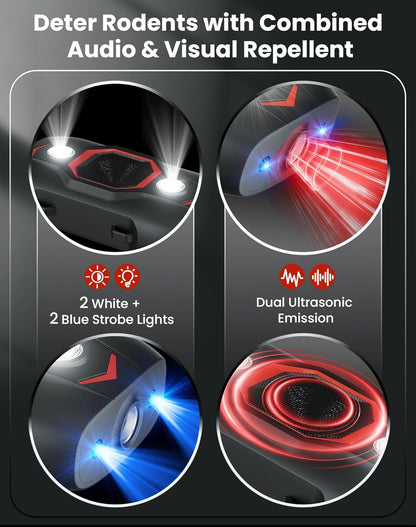 2 Pack Ultrasonic Rodent Repellent for Car Engines, Under Hood Mouse Repellent with 4 LED Strobe Lights, USB Powered, Keep Rats, Mice and Squirrels Away from Vehicles, RVs, Garages, Attics (2, Black)