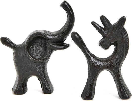 Sungmor Set of 2 Cast Iron Elephant & Unicorn Figurines - Rustic Black Animal Sculptures for Shelf