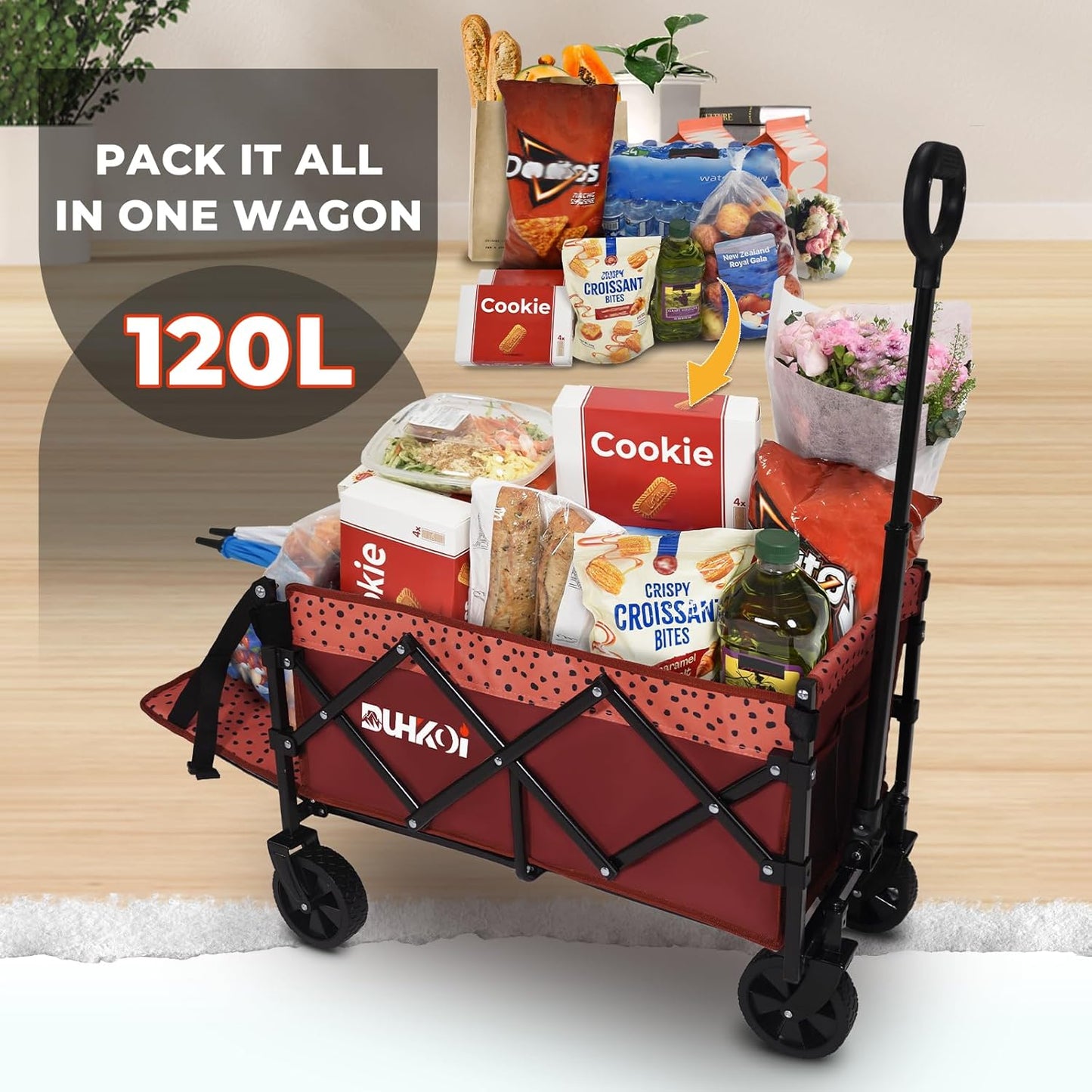 Collapsible Tailgate Wagon with Wheels, Compact Size Folding Utility Cart, 380LBS Capacity for Garden, Grocery, Beach, Camping – Portable Heavy Duty Cart(Brick Dot)
