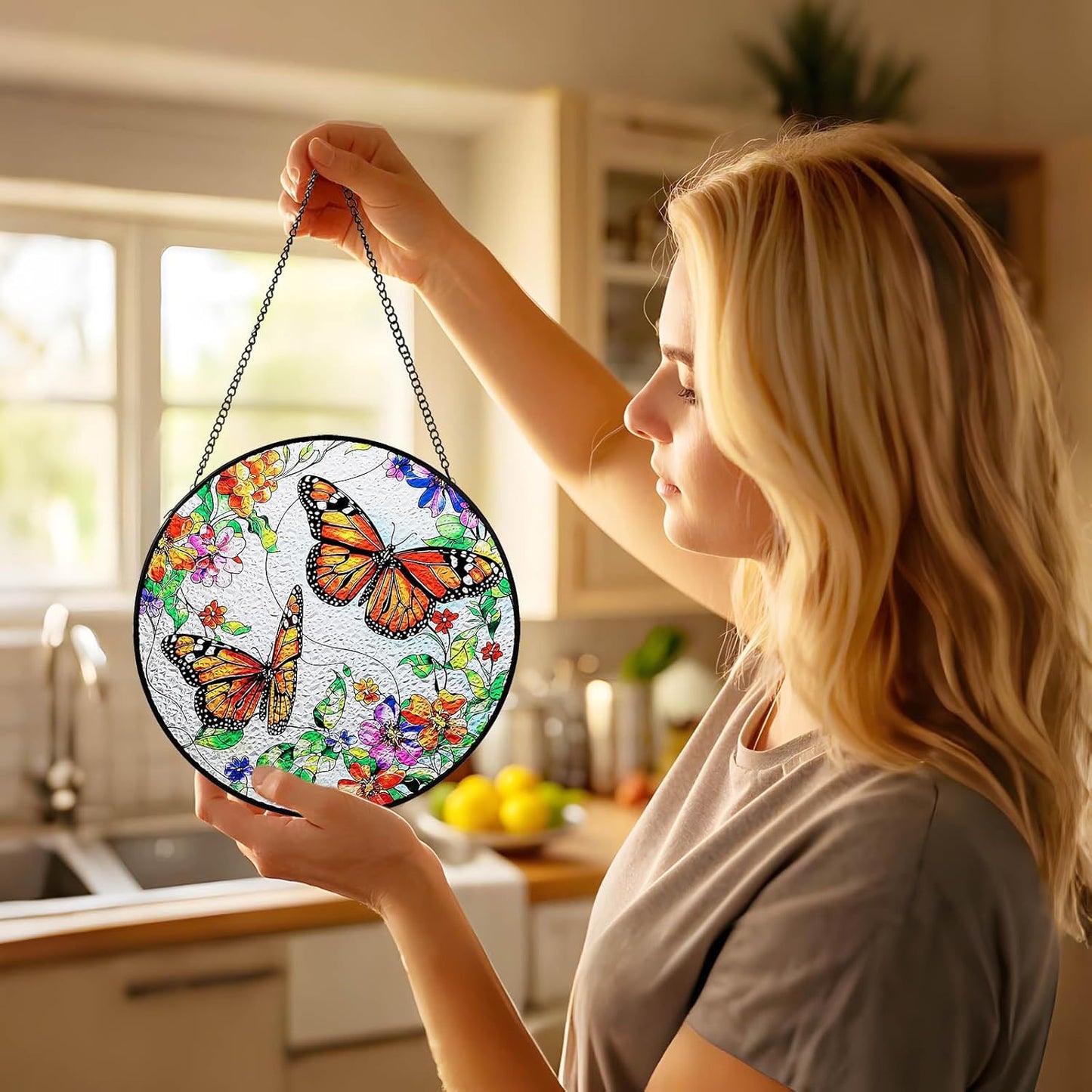 Butterfly Suncatcher Stained Glass Window Hanging - 7.87" Round Sun Catchers Indoor Window Art, Stain Glass Art Panel for Wall Decorations, Memorial Gifts for Women, Mother's Day, Garden & Home Decor