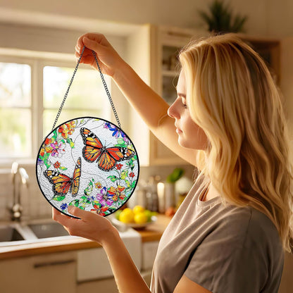 Butterfly Suncatcher Stained Glass Window Hanging - 7.87" Round Sun Catchers Indoor Window Art, Stain Glass Art Panel for Wall Decorations, Memorial Gifts for Women, Mother's Day, Garden & Home Decor