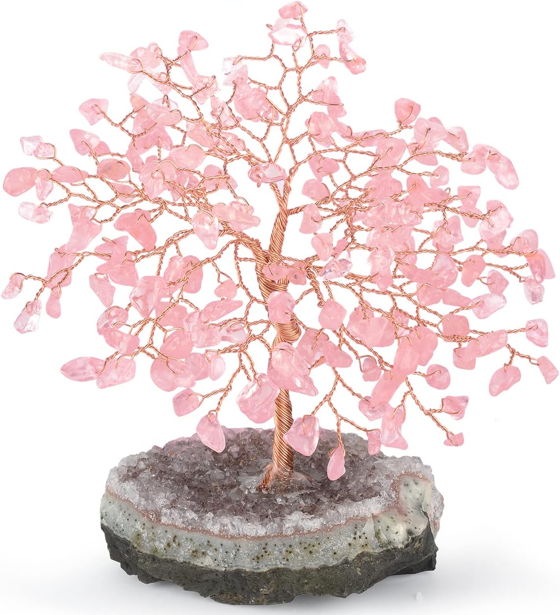 Natural Rose Quartz Crystal Tree with Amethyst Geode Base,Positive Energy Chakra Tree Healing Crystals Feng Shui Bonsai Home Decor 5.5"-6.3"