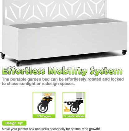 15.7"×70.9"×47.2" Metal Raised Garden Bed with Trellis and Wheels - Tall Trellis Planter Box for Climbing Plants, Vegetables & Vines - Outdoor Privacy Planters for Patio (White-Star)