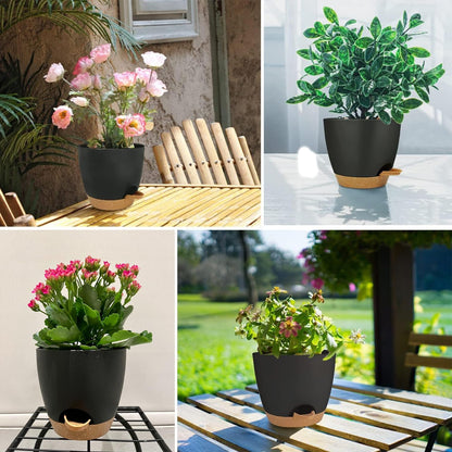 Self Watering Planters with Drainage Holes Reservoir,Nursery Planting Pot for Indoor Decor Garden Plants Succulents,Snake Plant, African Violet,Plastic Flower Pots Set 7+6.5+6+5.5+5 Inch (Black)