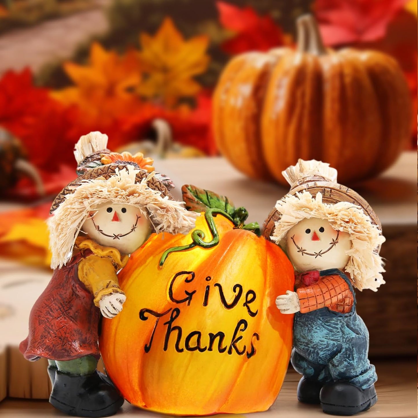 Hodao Fall Thanksgiving Resin Scarecrow Pumpkin Figurines - Adorable Scarecrow Embrace Pumpkin Decorations for Home Indoor Table Decor-Fall Thanksgiving Gifts