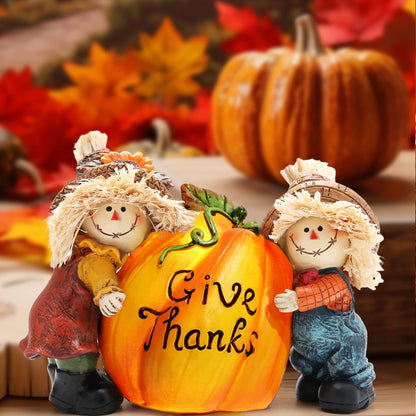 Hodao Fall Thanksgiving Resin Scarecrow Pumpkin Figurines - Adorable Scarecrow Embrace Pumpkin Decorations for Home Indoor Table Decor-Fall Thanksgiving Gifts