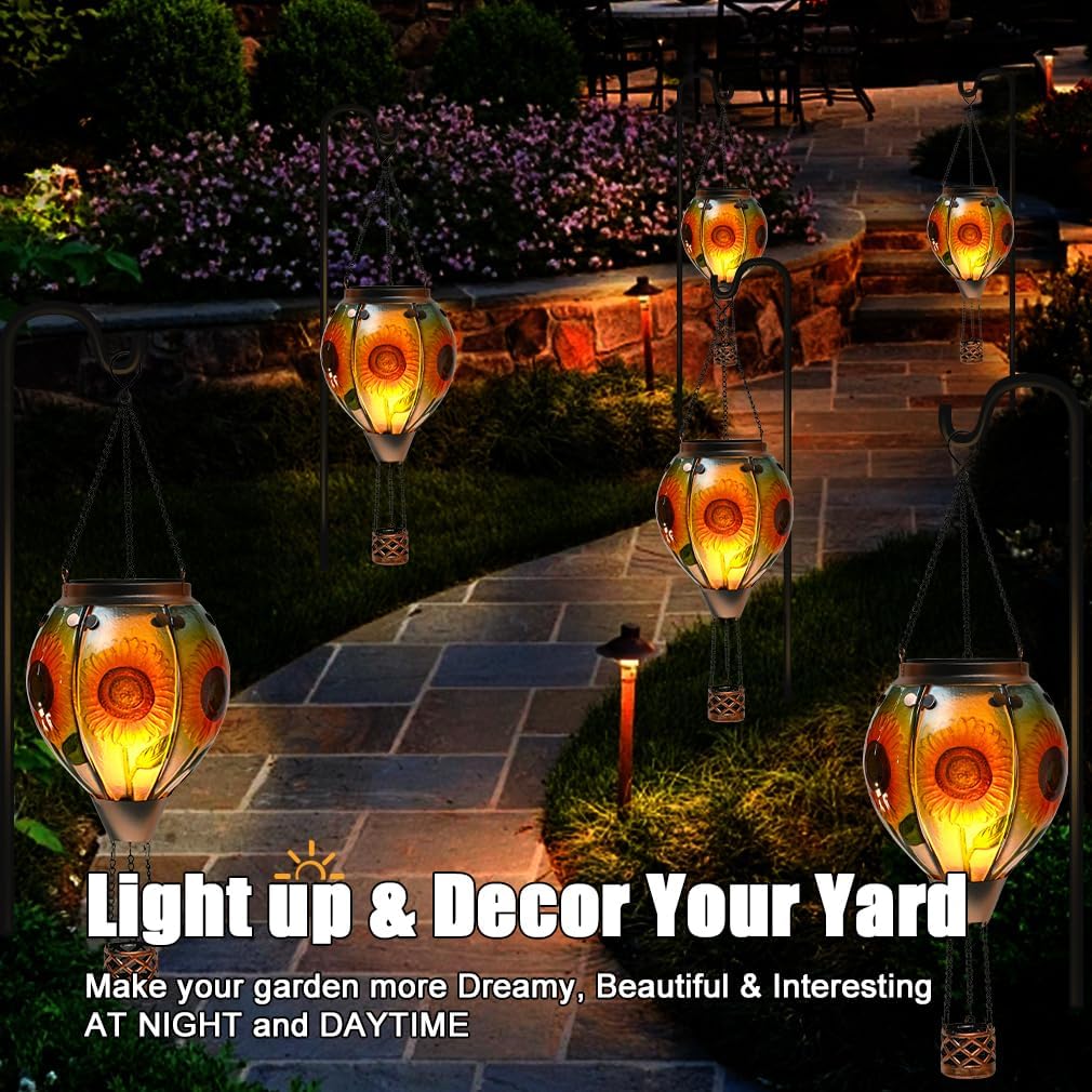 Hot Air Balloon Solar Lantern - Sunflower Glass Lantern, Simulated Flickering & Dancing Flame, Outdoor Hanging Yard Light Waterproof IP65 for Patio Lawn Porch Decor Gift