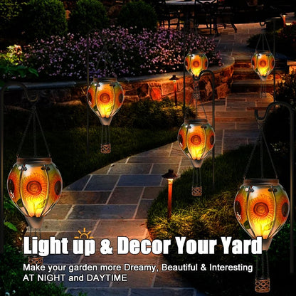 Hot Air Balloon Solar Lantern - Sunflower Glass Lantern, Simulated Flickering & Dancing Flame, Outdoor Hanging Yard Light Waterproof IP65 for Patio Lawn Porch Decor Gift