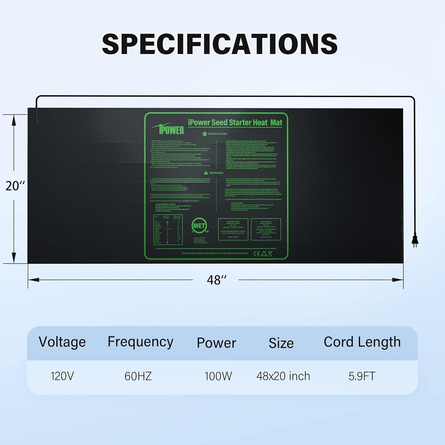 iPower 48" x 20" Durable Waterproof Seeding Heat Mat with Digital Thermometer for Providing Reliable Warmth for Indoor Hydroponic Plant Germination