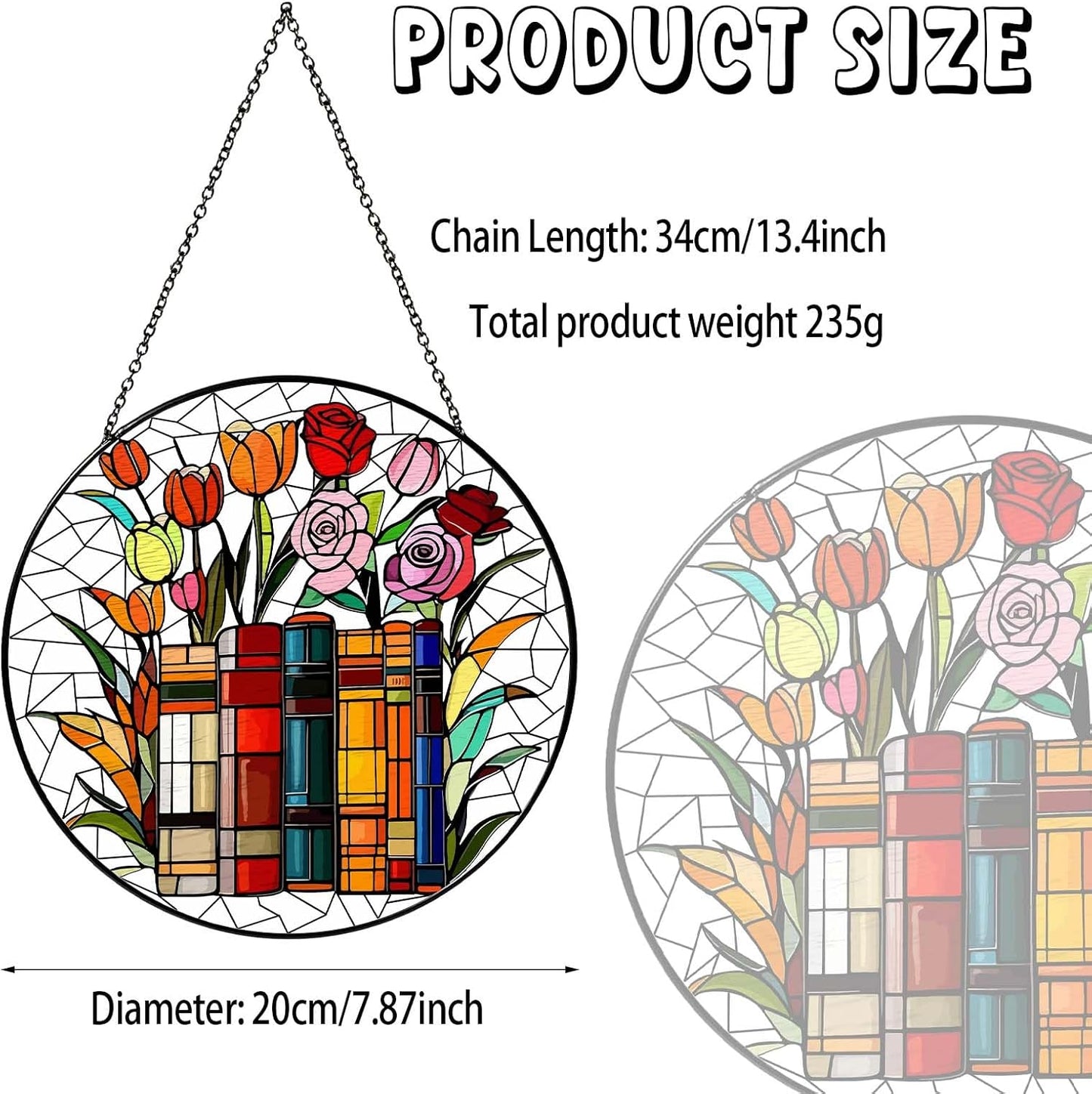 Flower Book Stained Glass Window Hanging Sun Catcher Book Club Lover Gifts for Women Wall Decor Handmade SunCatcher Decoration for Garden Home Bookish Library Decor, 7.87inch