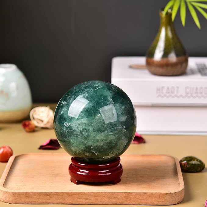 JIC Gem Big Green Fluorite Crystal Ball Sphere Decorative Ball with Wooden Stand for Meditation、Fengshui、Home Decors Healing Crystal Ball (90-100mm)