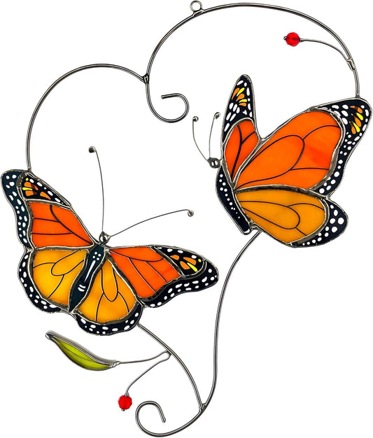 Monarch Butterfly (1 Pair) Stained Glass Suncatcher for Mom, Grandma, Women - Real Glass Window