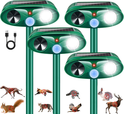 4 Pack Solar Ultrasonic Animal Repellent Outdoor Squirrel Raccoon Fortress Pro,Cat Deer Repellent with Motion Sensor & Strobe Light,Waterproof Dog Rabbit Deterrent for Garden Yard