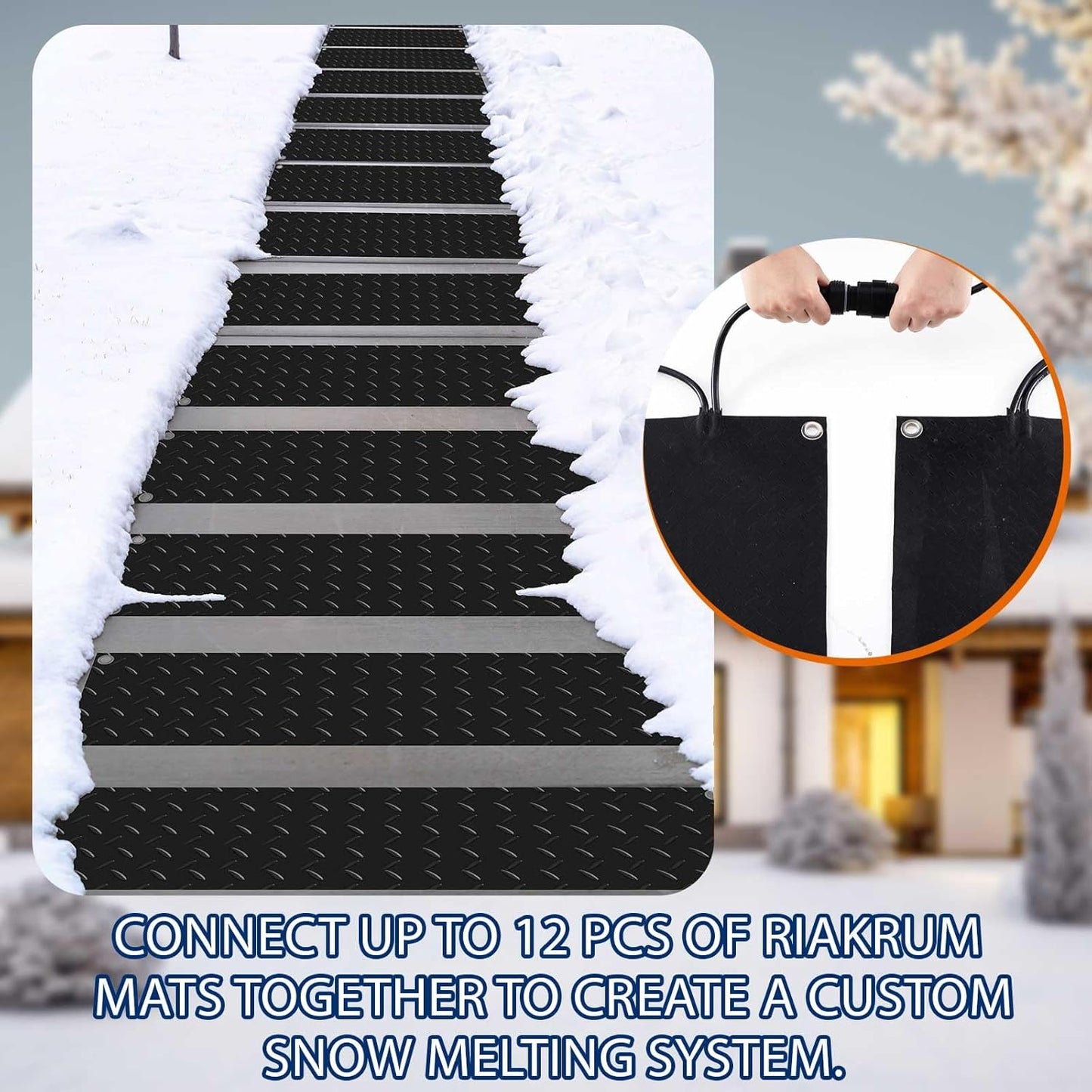 Riakrum 4 Pcs Heated Snow Melting Mats Outdoor, 10 x 30 in Winter Anti-Slip Heated Rubber Mat for Walkways Decks and Sidewalks, Snow and Ice Melting Pads Connection with 9.84 ft Power Cord