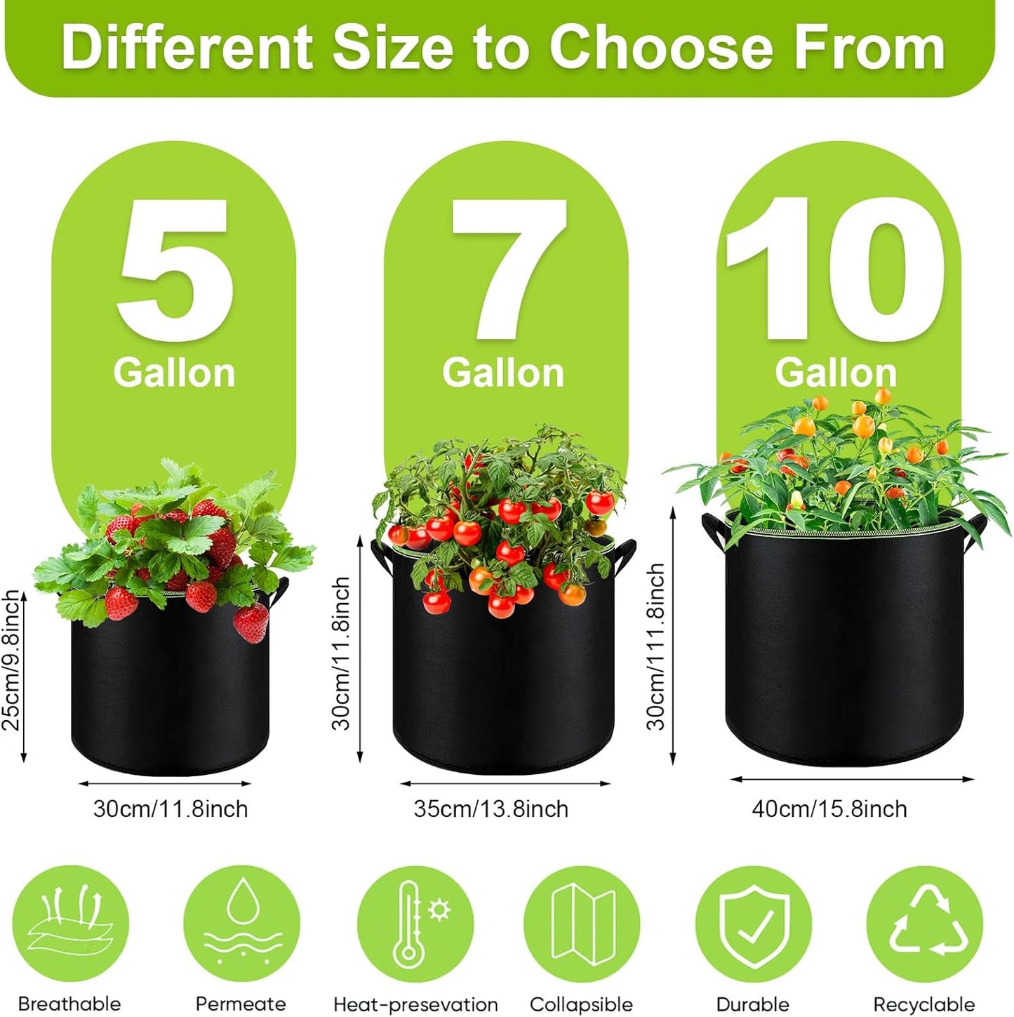 6-Pack 5/7/10 Gallon Grow Bags - 300G Heavy Duty Aeration Fabric Pots with Handles,Thickened Nonwoven Planter Bags for Vegetables Flowers Fruits