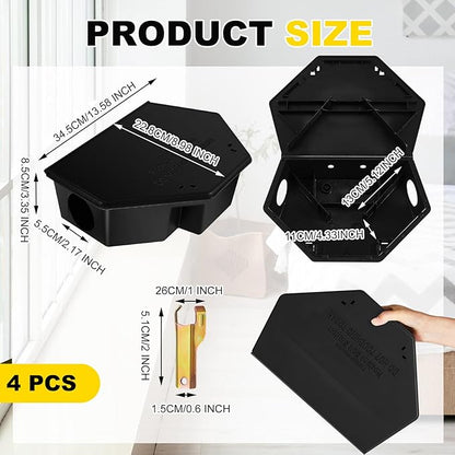Qualirey 4 Pcs Rat Bait Station with Keys 13.58 x 8.98 x 3.35 Inch Rodent Station Rat Traps, Keeps Children and Pets Safe Indoor and Outdoor, Bait Not Included (Black)