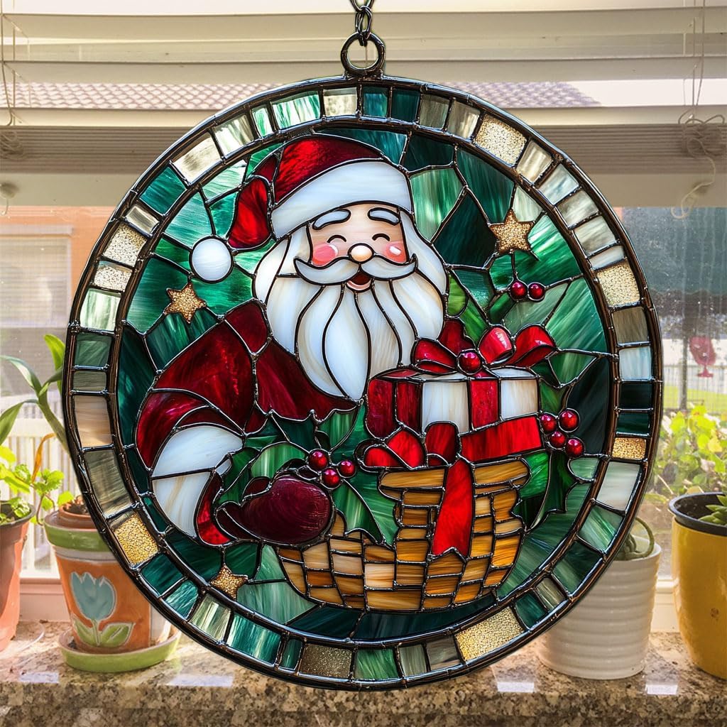 Santa Claus and Presents Acrylic Suncatcher Stained Glass Effect Window Car Hanging Christmas Ornament Indoor Outdoor Decor Garden Sun Catcher Panel for Christmas Lover for Women Mom Grandma