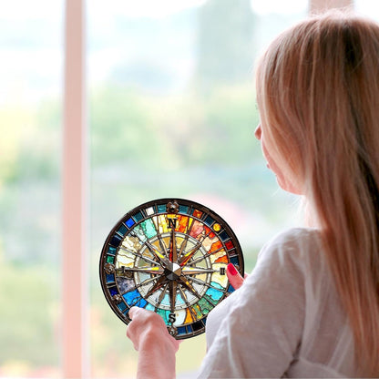 Compass Stained Glass Window Hanging Compass Sun Catcher Decor New House Decor Christmas Suncatchers for Home Windows Hanging Decoration, 7.87inch