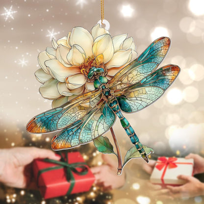 Dragonfly Ornament Stained Glass Style – Acrylic Window Hanging Suncatcher with Flower, Dragonfly Gifts for Women, Christmas Tree Ornament, Whimsical Home & Garden Décor(Sun-21)