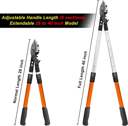 Loppers for Tree Trimming Heavy Duty, 26-40 Inch Handle Telescopic Tree Trimmer, Sync Drive Power Lever Pruner, 2 Inch Branch Cutter