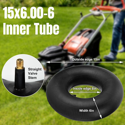 15x6.00-6" Inner Tubes, 2 Pack Heavy Duty 15x6-6 Replacement Tire Inner Tube with TR-13 Straight Valve Stem for Lawn Mower, Ride-on Mower, Yard Trailer, Tractor, ATVs, Go Karts, Golf Carts, etc