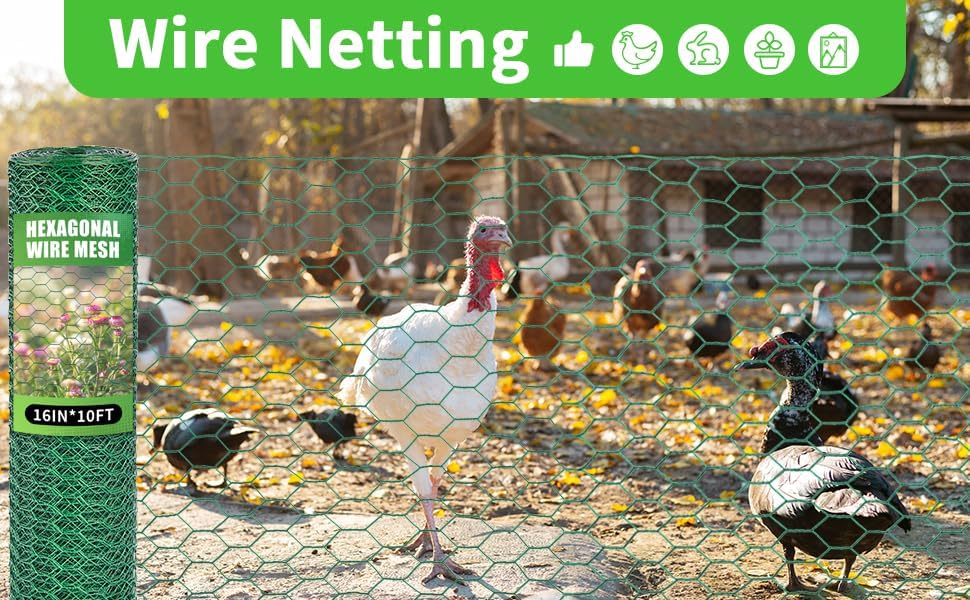 16in x 10ft Chicken Wire for Floral Arrangements, Green Chicken Wire, Hexagonal Galvanized Wire Mesh for Poultry Barrier, Flower Arrangement, Crafts and Garden