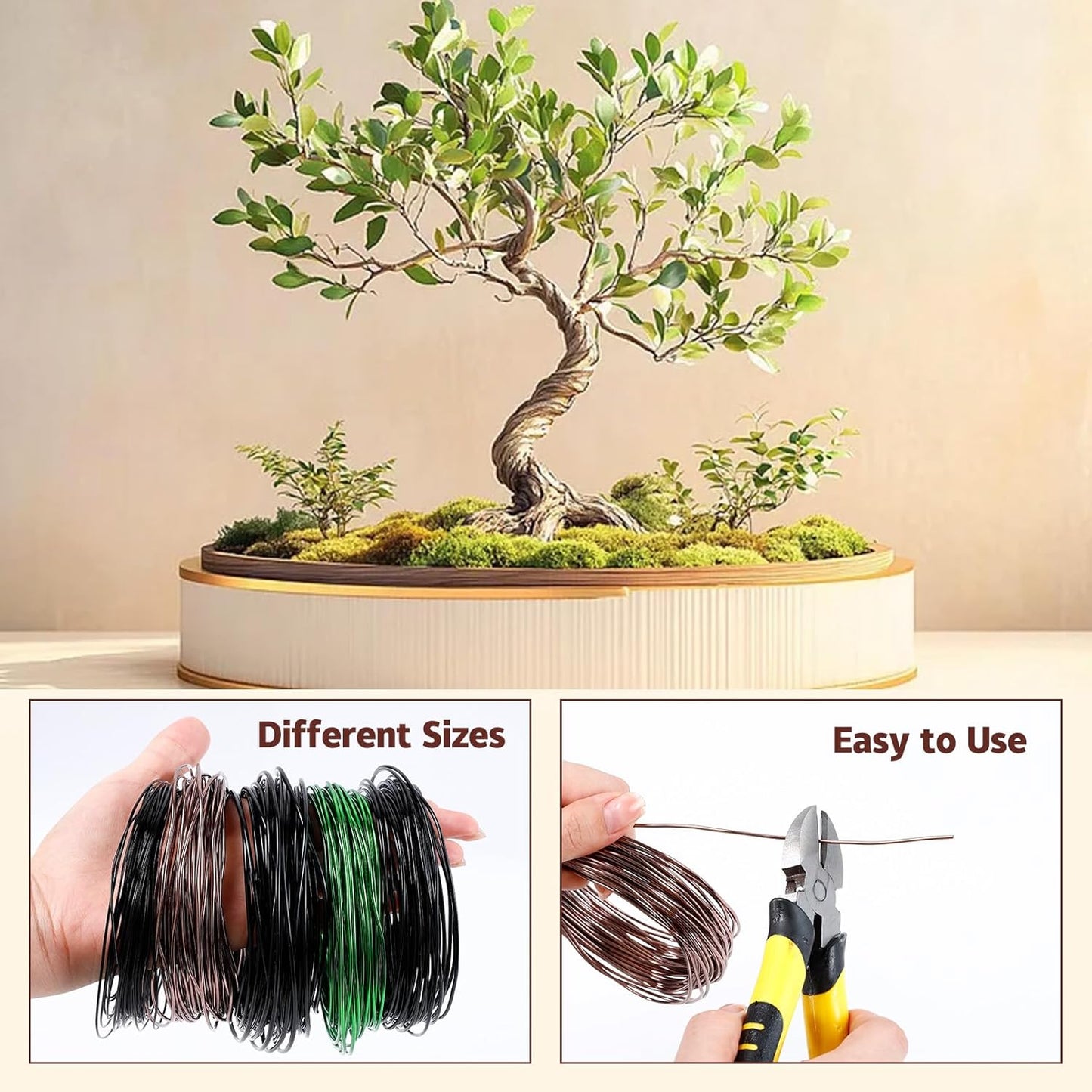 5 Roll Bonsai Wires, Anodized Aluminum Bonsai Training Wire with Wire Cutter, 3 Colors and 3 Sizes (1mm, 1.5mm, 2mm), Total 160 Feet, Aluminum Wires for Indoor Garden Small Trunks DIY Tools