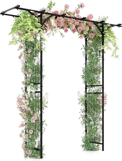 LDAILY Wedding Arch, 6.8FT Rustproof Metal Garden Arbor with Extended Roof & 4 Stakes, Outdoor Plant Support for Vines Roses, Decorative Trellis for Climbing Plants Outdoor for Lawn Wedding Ceremony