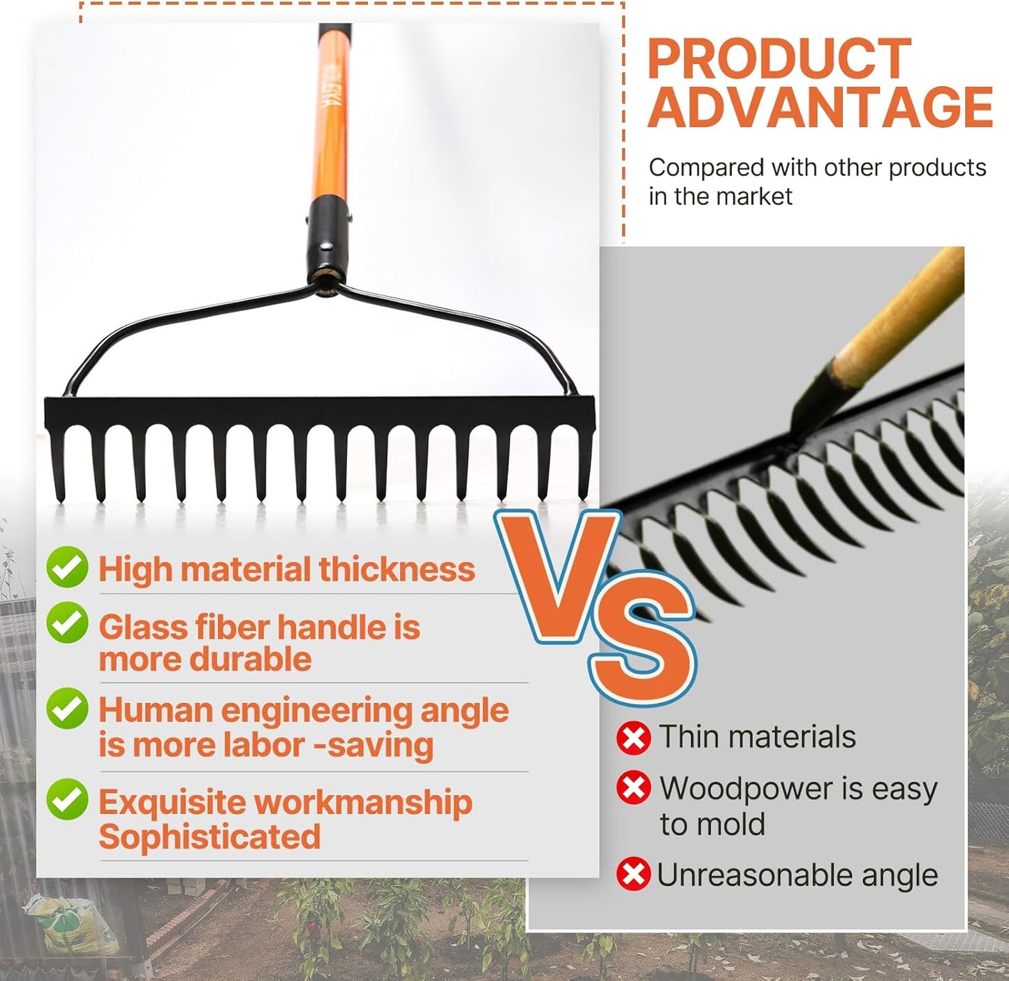 Garden Rake Heavy Duty, 14-Tine Bow Rake with 57" Fiberglass Handle, for Soil Leveling, Lawn Care, Mulch Spreading, Leaf and Debris Cleanup