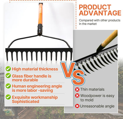 Garden Rake Heavy Duty, 14-Tine Bow Rake with 57" Fiberglass Handle, for Soil Leveling, Lawn Care, Mulch Spreading, Leaf and Debris Cleanup