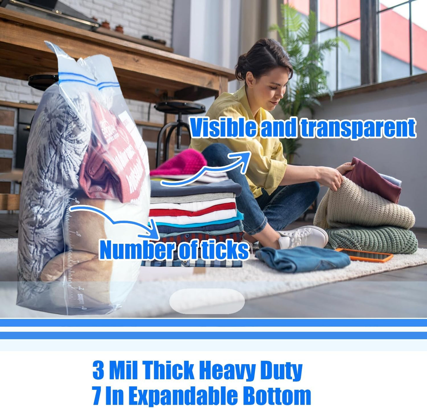 10 Gallon Large Storage Bags with Handle, 50 Counts | Double Zipper Seal | Expandable Bottom, Resealable Clear zip Bags for Home, Travel, Moving Commercial and Outdoor