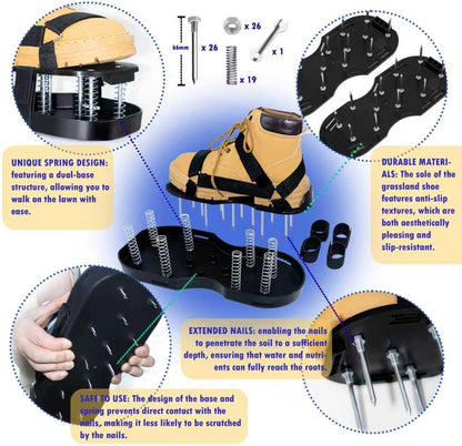 Lawn Aerator Shoes for Grass, Double Layer with Spiked Bottom and Spring Base, Soil Yard Aerator Tool for Aerating Patio Garden with Adjustable Strap, Black