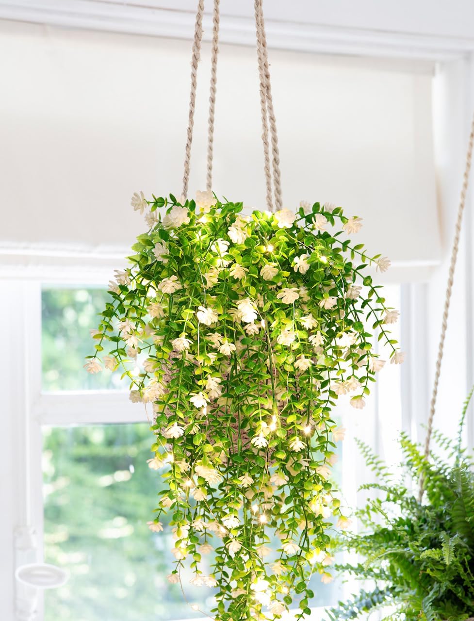 RECUTMS 3 Pcs Hanging Fake Plants Fake Vines Artificial Plants Large Faux Hanging Plant with 30 LED String Light, Artificial Greenery Wall Indoor Outdoor(White)