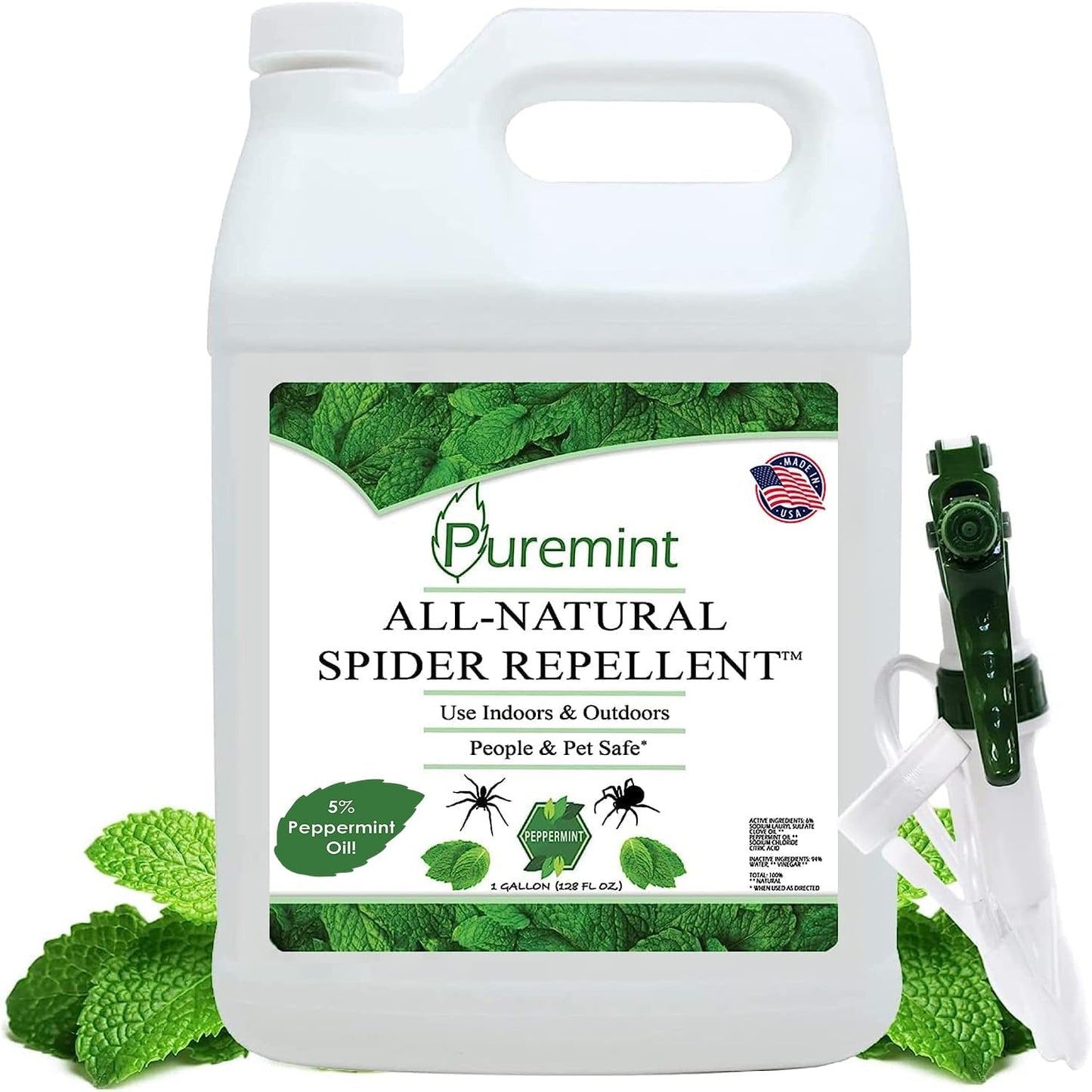 Puremint Spider Repellent, Natural 5% Peppermint Oil Spray, Kills & Deters All Types of Spiders and Insects, Indoor and Outdoor Use, 128 fl oz Gallon
