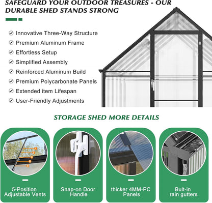 6'x10' Snap-Together Greenhouse - Easy 3-Way Connectors, Heavy-Duty Aluminum Frame, Wind/Snow Resistant for Gardening/Urban Farming, Includes Sliding Door & Ventilation Windows