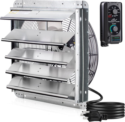 iLIVING 18" Wall Mounted Shutter Exhaust Fan, Automatic Shutter, with Thermostat and Variable Speed controller, 0.85A, 1736 CFM, 2600 SQF Coverage Area Silver (ILG8SF18V-ST)