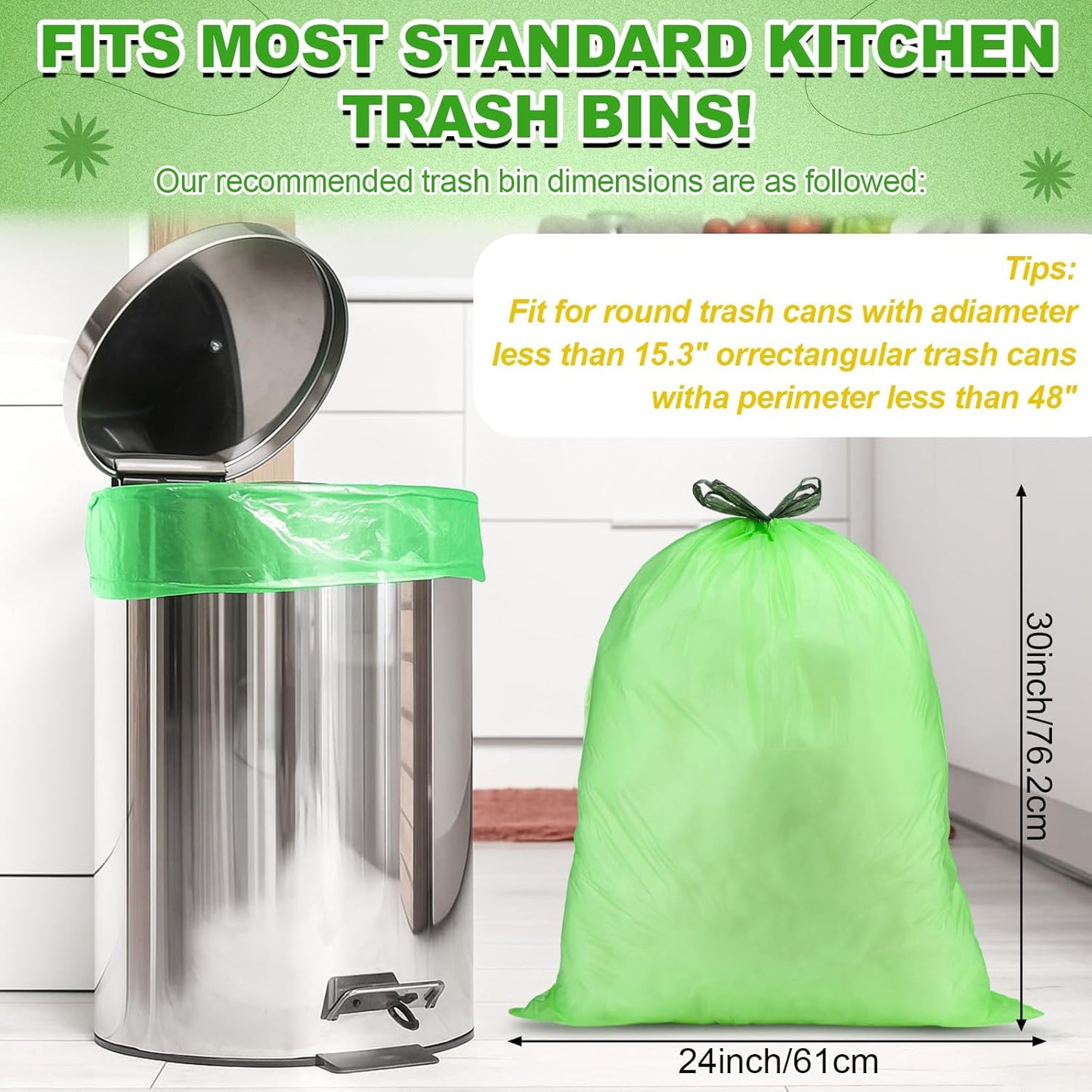 200 Count 13 Gallon Compostable Trash Bags with Drawstring Tall Kitchen Food Scrap Waste Bag Heavy Duty Extra Thick 1 Mil Tear Resistant for Lawn Yard Home Kitchen Office