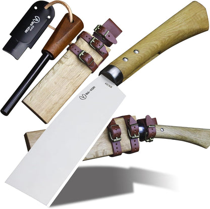 BA-KOR (Pioneer ) (15") DC53 steel 6mm thickened full Tang fixed knife+ Wooden sheath &(5.9IN) Cerium Igniter, suitable for outdoor hunting, cutting, chopping, camping, obstacle removal, exploration, fishing, EDC, BBQ (Mirror Light Edition)