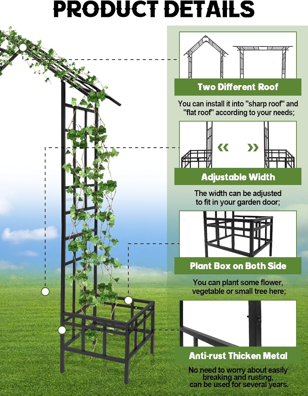 Kalolary 2 in 1 Metal Garden Arbor with Plant Box, 8FT House Shape Garden Arch Trellis for Climbing Plants Heavy Duty Steel Pergola Arch for Wedding Party Backyard Outdoor (Freely Adjustable Width)