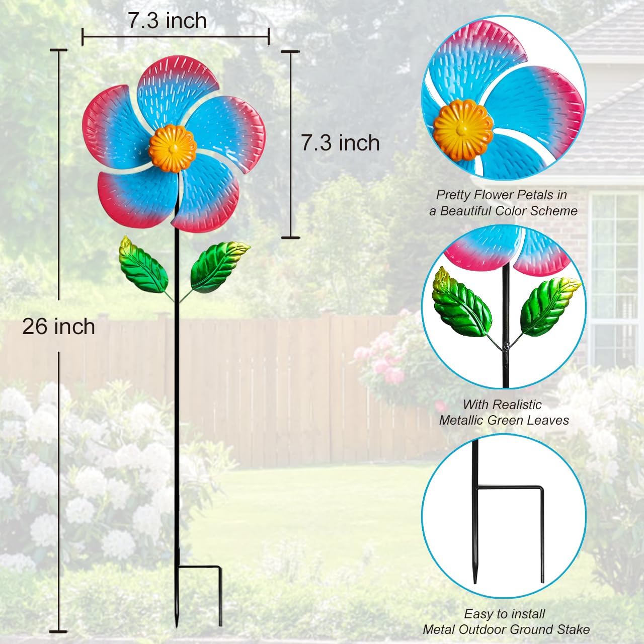 Garden Wind Spinners & Metal Wind Sculptures - Outdoor Windmill Decor with Vibrant Red & Blue, Yard Art for Patio Lawn Garden Ornament, Dynamic Wind Spinner Sculpture for Landscape 1Pack