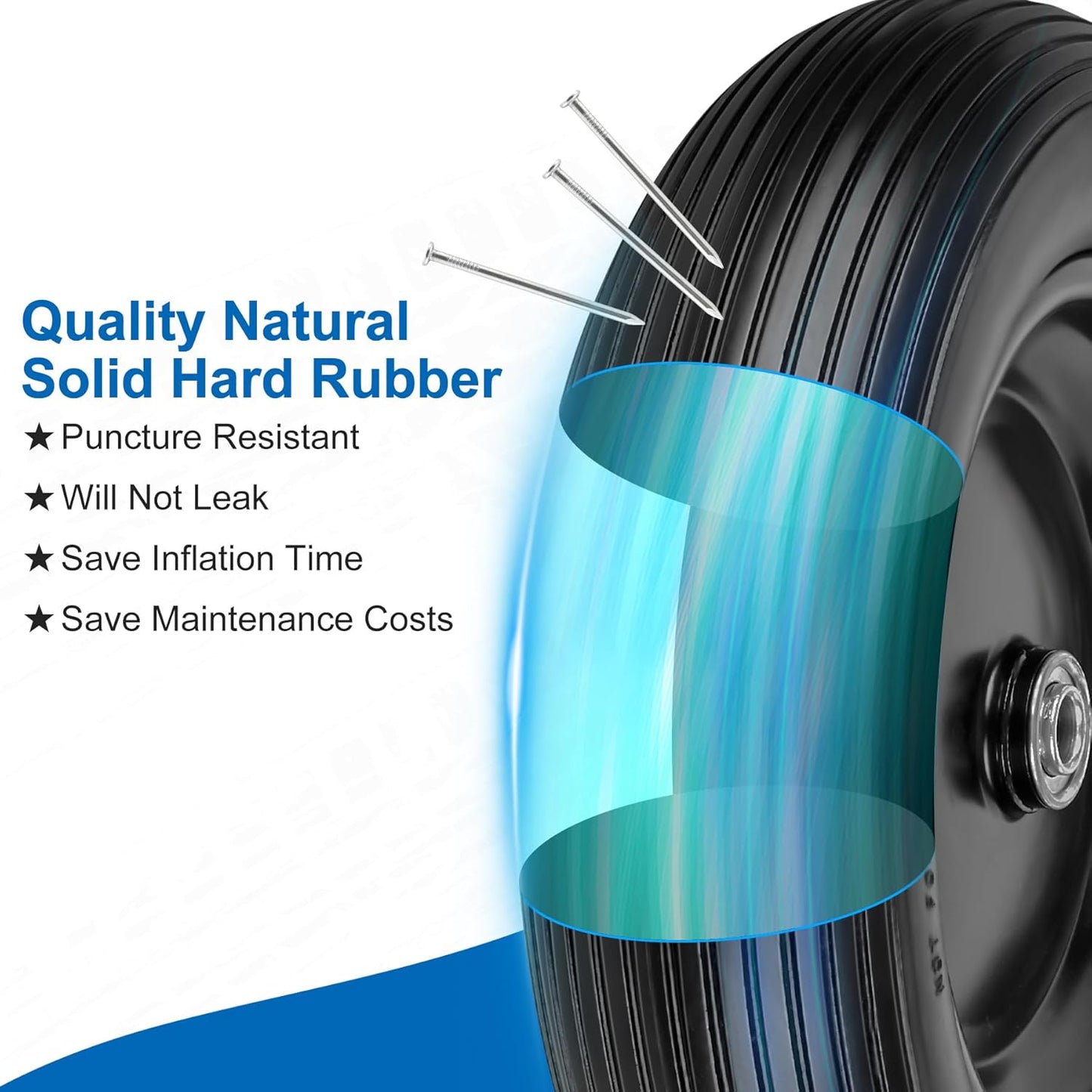 4.00-6 Flat Free Wheelbarrow Tires and Wheels, 13 Inch Wheelbarrow Tires with 5/8" or 3/4" Bearings, 1.75'' Centered Hub Hand Truck Solid Wheels Replacement for Hand Trucks, Dolly Trolleies, 2 PCS