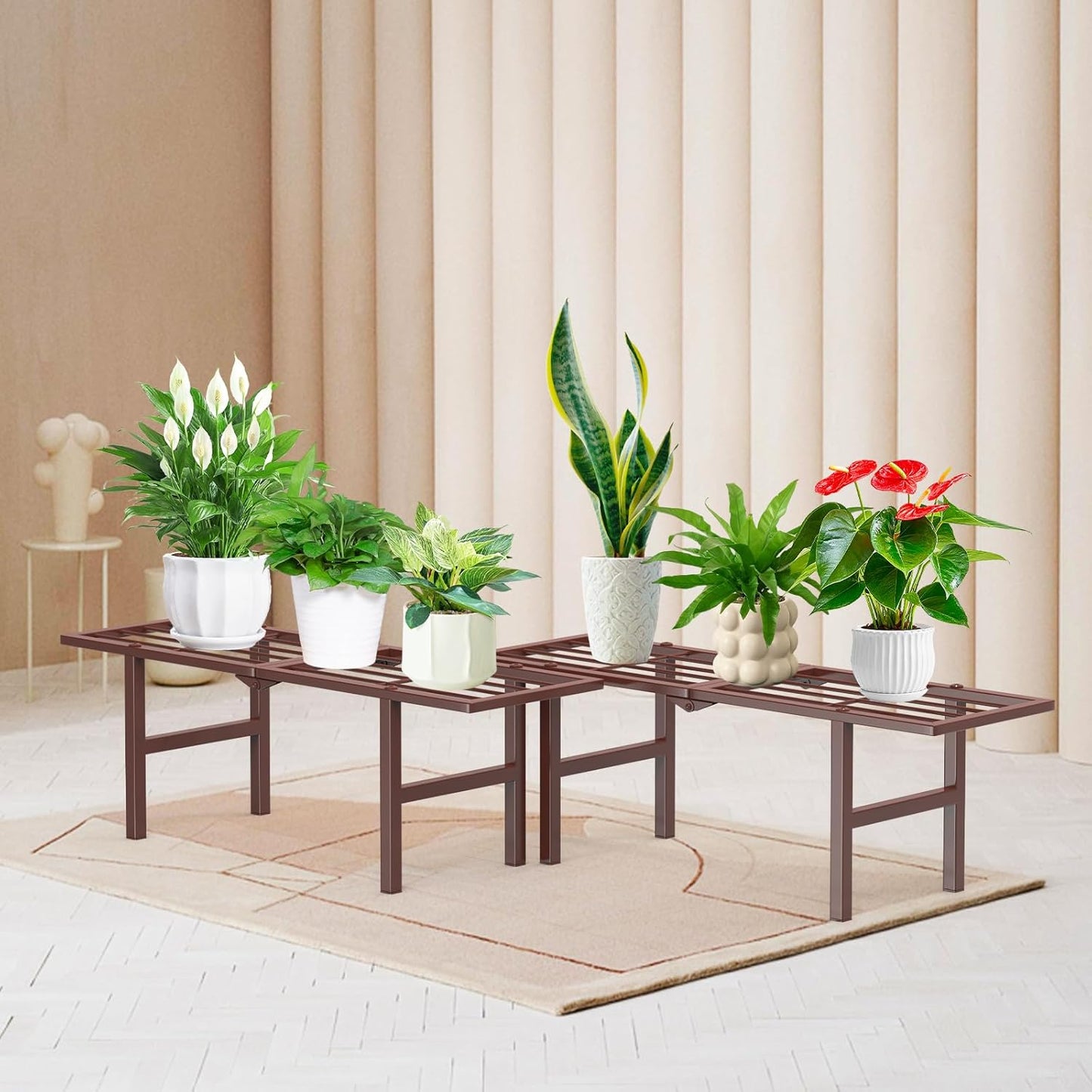 2 Pack Metal Plant Stand Outdoor Indoor, 1 Tier Folding Tiered Corner Flower Display Holder Shelf, Stackable Heavy Duty Multiple Plant Rack for Windowsills Patios Balconies, Brown