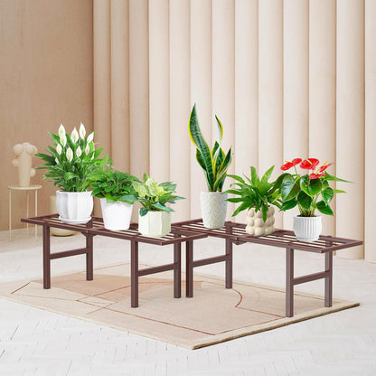 2 Pack Metal Plant Stand Outdoor Indoor, 1 Tier Folding Tiered Corner Flower Display Holder Shelf, Stackable Heavy Duty Multiple Plant Rack for Windowsills Patios Balconies, Brown