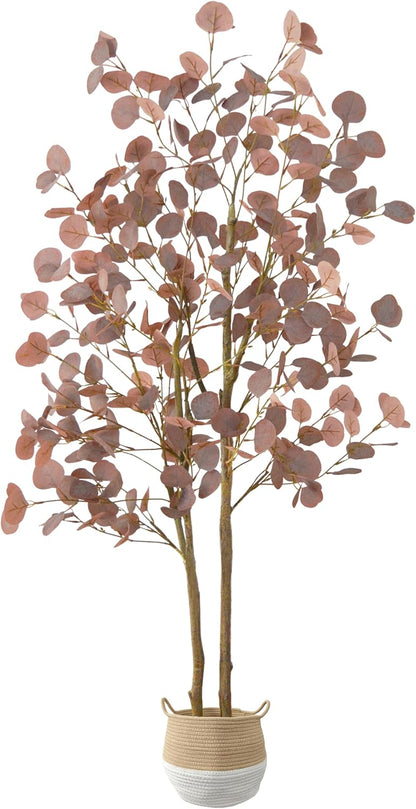 Artificial Eucalyptus Tree, 5ft Fake Eucalyptus Plant with Basket, Red Silver Dollars Silk Leaves Faux Tree for Home Office Perfect Housewares Gift Decoration