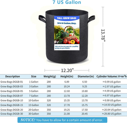 7 US Gallon 8 Pack Tall Grow Bags for Vegetables, Heavy Duty Nonwoven Aeration Fabric Deep Grow Pots with Handles